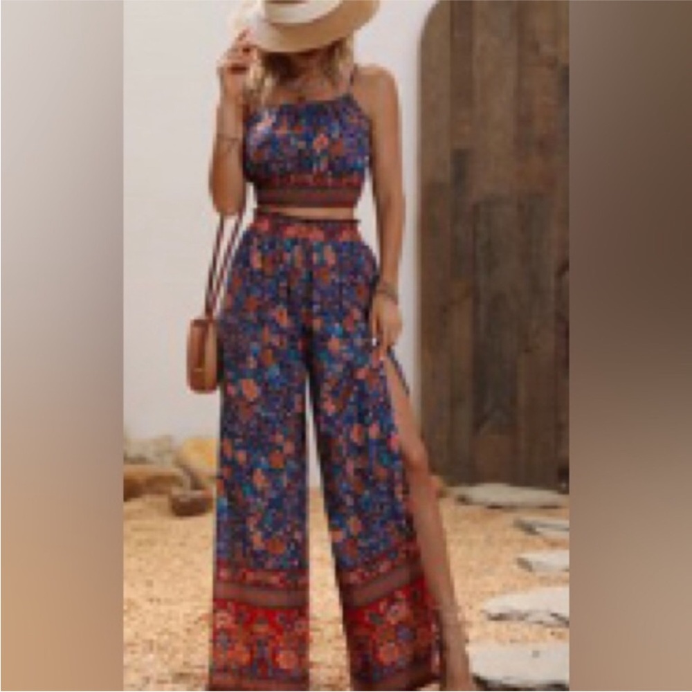 Boho Floral Wide-Leg Two Piece Set in Navy X-Large
